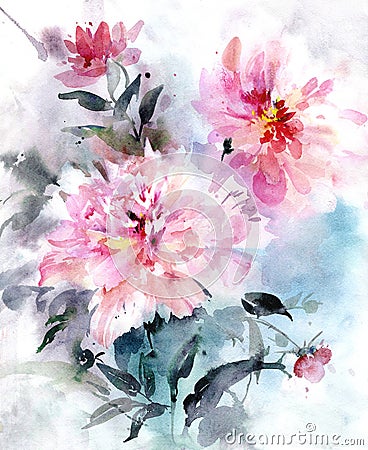 Beautiful bouquet of pink peonies with leaves on blue background. Watercolor painting. Cartoon Illustration