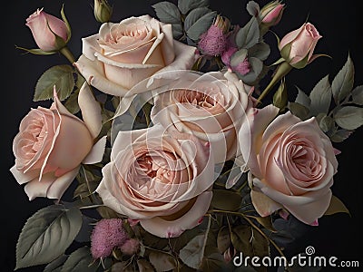 beautiful bouquet of pink roses on a black background close up Stock Photo