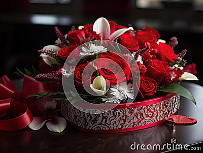 A beautiful bouquet of scarlet roses in a gift box. The concept of Valentine's Day Stock Photo