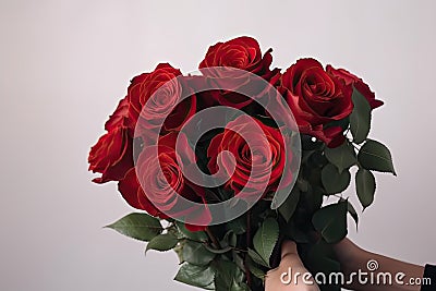 Beautiful bouquet of scarlet roses in hands on a white background. Generative AI Stock Photo