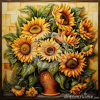 Beautiful bouquet of sunflowers in a rust colored vase. Stock Photo