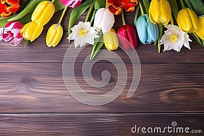 Beautiful bouquet of Tulips Daisies flower for mothers day on wood table background, Overhead top view, flat lay with copy space Stock Photo