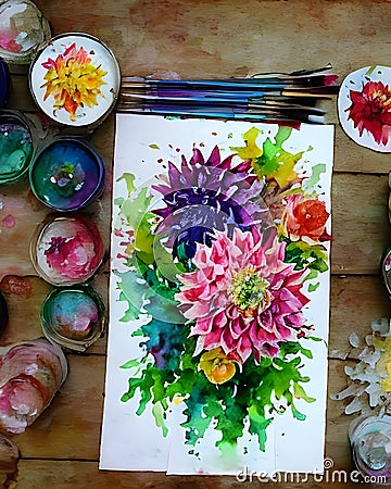 Watercolor painting of a bouquet of colorful dahlias on a wooden background with brushes, watercolor paints, Ai Generated Stock Photo