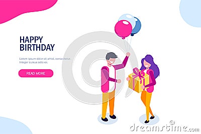 Beautiful boyfriend is presenting a gift to her handsome girl and smiling. Ballon and gift box. Can use for web banner Vector Illustration