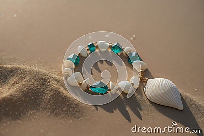 Beautiful bracelet on the beach with seashells and stones. generative ai Stock Photo