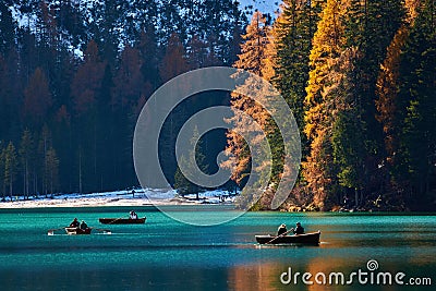 The beautiful Braies lake in late autumn with a little snow, Pearl of the Dolomite lakes is an UNESCO heritage and is located in Editorial Stock Photo