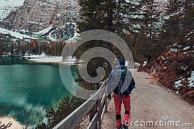 The beautiful Braies lake in late autumn with a little snow, Pearl of the Dolomite lakes is an UNESCO heritage and is located in Editorial Stock Photo