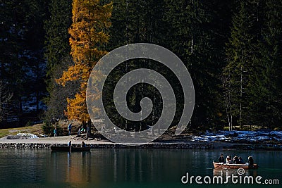 The beautiful Braies lake in late autumn with a little snow, Pearl of the Dolomite lakes is an UNESCO heritage and is located in Editorial Stock Photo