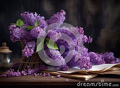 beautiful branch of lilac flowers on a dark green blurred background. long natural banner. concept for spring greetings Stock Photo