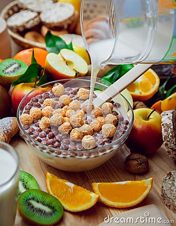 Beautiful breakfast. Milk,fruits, bread Stock Photo