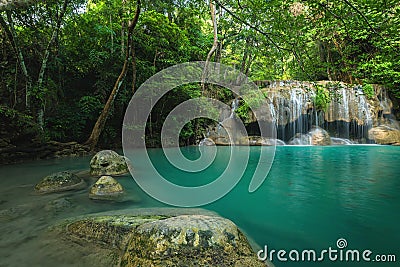 Beautiful and Breathtaking green waterfall, Erawan`s waterfall Stock Photo