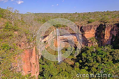 Beautiful Bridal Veil, Veu Da Noiva waterfall in Chapada Dos Guimaraes National Park, Cuiaba, Mato Grosso, Brazil Stock Photo