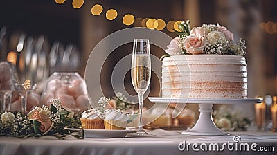 Beautiful bride and groom table at wedding. Bridal cake, champagne, flowers and cupcakes. Stock Photo