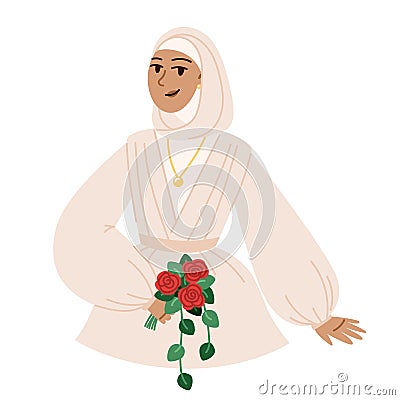 Beautiful bride iin trendy wedding dress with a bouquet of roses and a hijab Vector Illustration