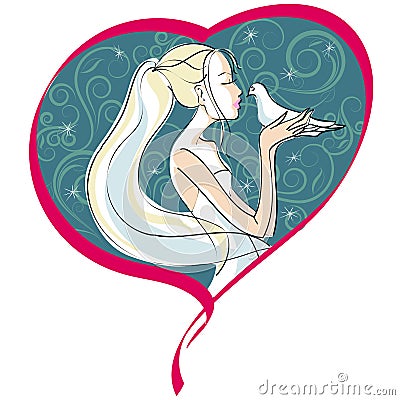 Beautiful bride kisses dove on the heart background Cartoon Illustration