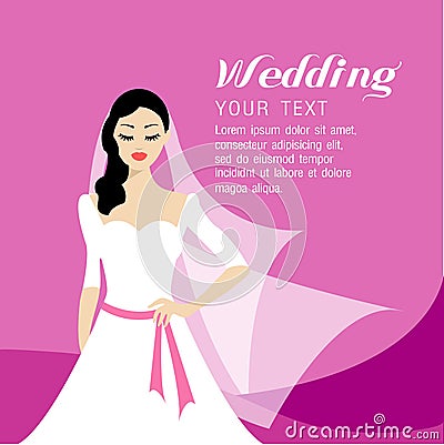 The Beautiful bride long hair and white dress design Vector Illustration