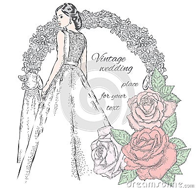 Beautiful bride near the wedding arch and beautiful roses. Vector illustration for a card or poster. Vector Illustration