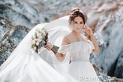 Beautiful bride in a wedding dress with a bouquet on the top of the salt mountains. A stunning young bride with curly hair . Stock Photo