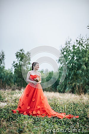 Beautiful bride in wedding dress posting Stock Photo