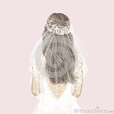 Beautiful bride in white dress, loose hair and veil. Hand drawn illustration Cartoon Illustration