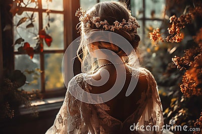 Beautiful bride in white wedding dress with flowers in her hair Stock Photo