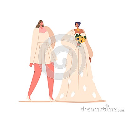 Beautiful Brides In Elegant Short And Long Dresses Isolated On White Background. Female Characters In Fashioned Gowns Vector Illustration