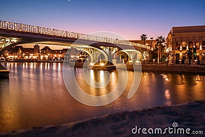 Beautiful bridge lights at Dubai Parks Riverland Editorial Stock Photo