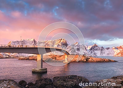 Beautiful bridge at sunrise in Lofoten, Norway Stock Photo