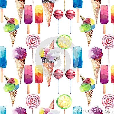 Beautiful bright colorful delicious tasty yummy cute summer dessert frozen juice ice cream in a waffle horn candies on a sticks Cartoon Illustration