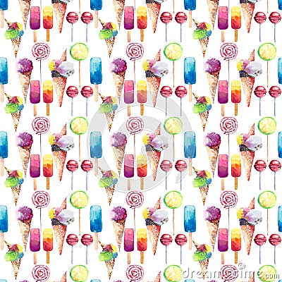Beautiful bright colorful delicious tasty yummy cute summer dessert frozen juice ice cream in a waffle horn candies on a sticks Cartoon Illustration