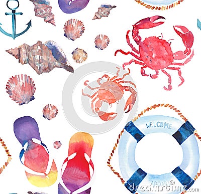 Beautiful bright colorful lovely summer marine beach pattern of flip flops red crabs pastel cute seashells blue lifebuoy and dark Cartoon Illustration