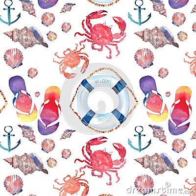 Beautiful bright colorful lovely summer marine beach pattern of flip flops red crabs pastel cute seashells blue lifebuoy and dark Cartoon Illustration