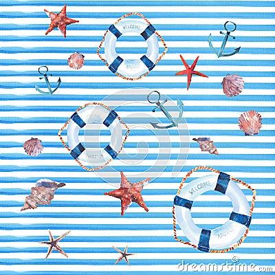 Beautiful bright colorful lovely summer marine beach pattern of lifebuoy, blue anchor, pastel cute seashells and dark blue anchor Cartoon Illustration