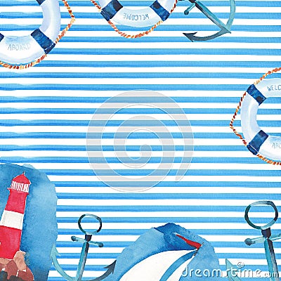 Beautiful bright colorful lovely summer ocean marine beach frame of lifebuoy, blue anchor, red white seamark and dark blue anchor Cartoon Illustration