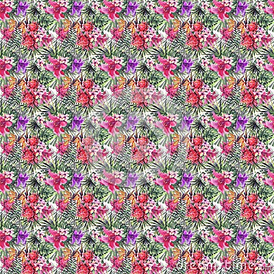 Beautiful bright cute lovely wonderful green tropical hawaii floral herbal summer colorful pattern of tropical red violet purple p Stock Photo