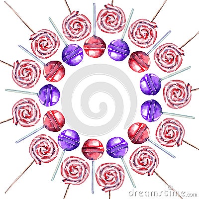 Beautiful bright delicious tasty yummy cute lovely summer dessert sweet red, pink, violet and striped candies on a sticks located Cartoon Illustration