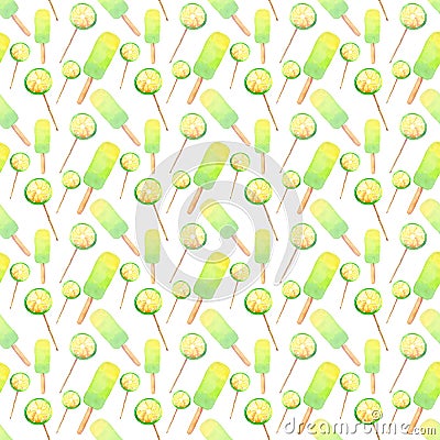 Beautiful bright delicious tasty yummy cute summer dessert fresh lime frozen juice ice cream and lemon citrus candies on a sticks Cartoon Illustration