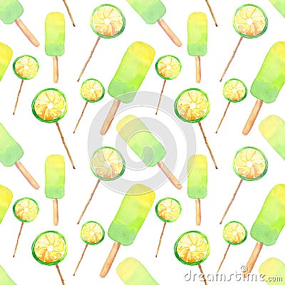 Beautiful bright delicious tasty yummy cute summer dessert fresh lime frozen juice ice cream and lemon citrus candies on a sticks Cartoon Illustration