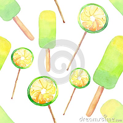 Beautiful bright delicious tasty yummy cute summer dessert fresh lime frozen juice ice cream and lemon citrus candies on a sticks Cartoon Illustration