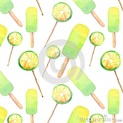 Beautiful bright delicious tasty yummy cute summer dessert fresh lime frozen juice ice cream and lemon citrus candies on a sticks Cartoon Illustration