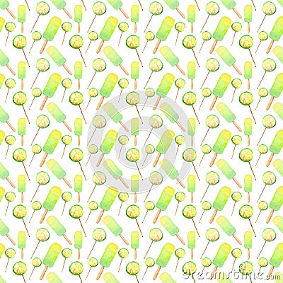 Beautiful bright delicious tasty yummy cute summer dessert fresh lime frozen juice ice cream and lemon citrus candies on a sticks Cartoon Illustration