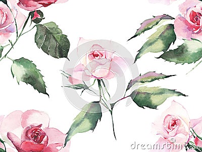 Beautiful bright elegant wonderful colorful tender gentle pink spring herbal rose with buds and green leaves pattern watercolor ha Cartoon Illustration