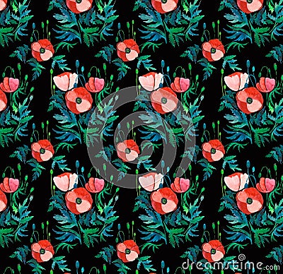 Beautiful bright floral pattern of red poppies with green leaves and heads on black background watercolor Stock Photo