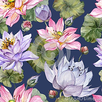 Beautiful bright floral seamless pattern. Purple and pink lotus flowers with bid leaves on dark blue background. Cartoon Illustration