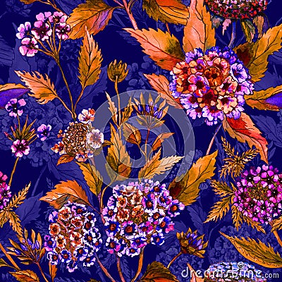 Beautiful bright flowers with orange leaves on dark blue background. Seamless floral pattern. Watercolor painting. Cartoon Illustration