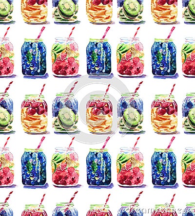 Beautiful bright fresh tasty juicy delicious lovely cute colorful detox bank with blue blackberry, mulberry and kiwi sliced, red c Cartoon Illustration