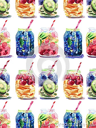 Beautiful bright fresh tasty juicy delicious lovely cute colorful detox bank with blue blackberry, mulberry and kiwi sliced, red c Cartoon Illustration