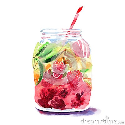 Beautiful bright fresh tasty juicy delicious lovely cute colorful detox bank with red mulberries, ripe green limes and oranges and Cartoon Illustration