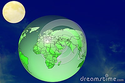 Beautiful bright full moon rise behind earth globe Stock Photo