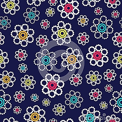 Beautiful bright geometric flowers seamless pattern on a navy blue background. Vector Illustration